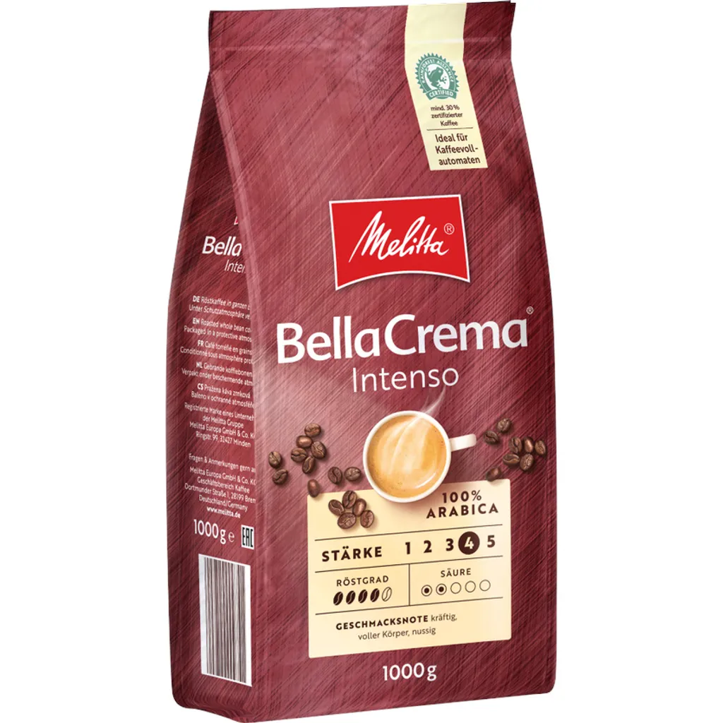 MELITTA Ganze Kaffeebohnen BellaCrema Intenso 1 Kg Starkes Aroma Intensiv – Bild 2